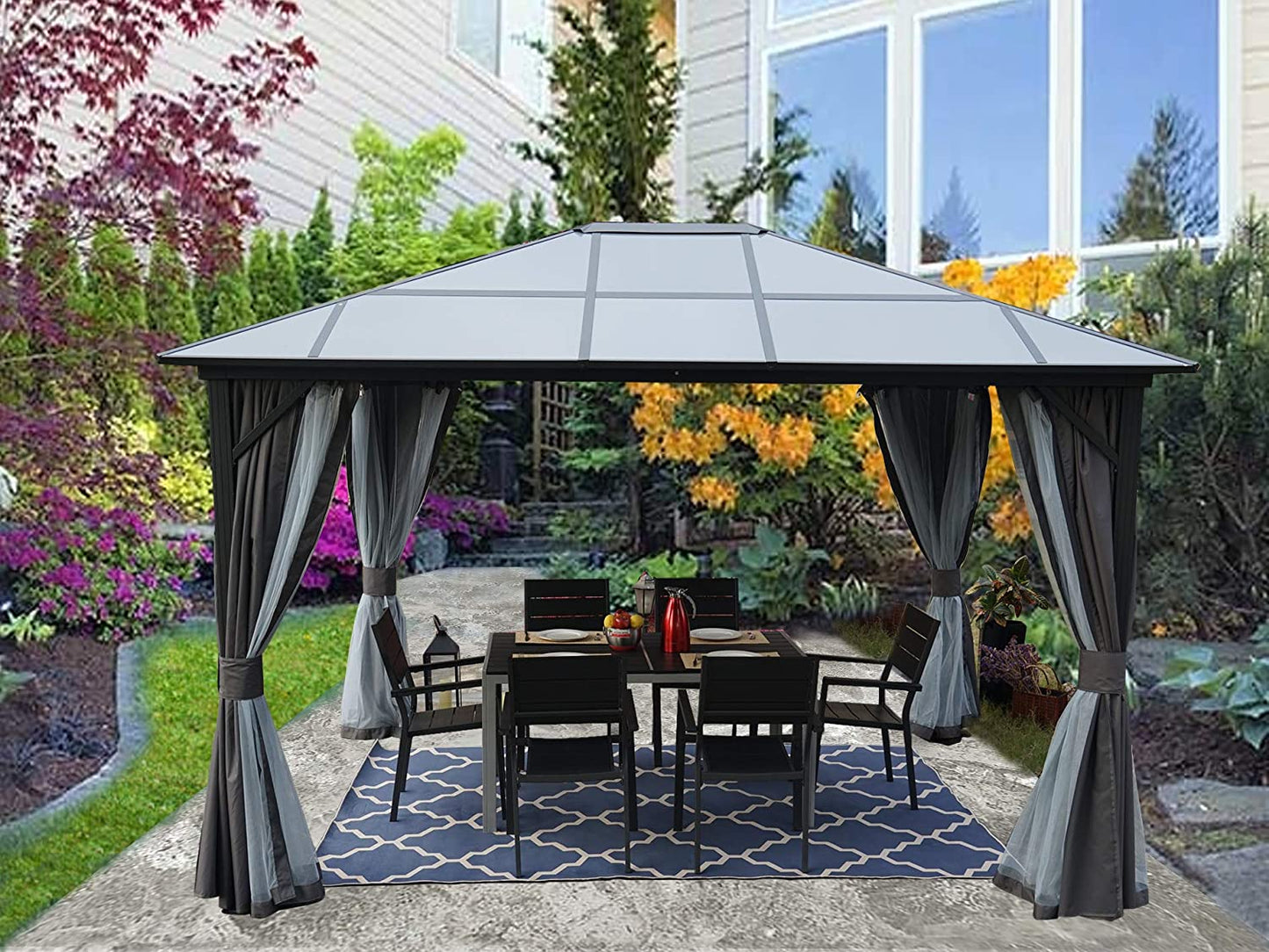 Kozyard 10ftx12ft' Polycarbonate Top Aluminum Permanent Gazebo with a Mosquito Net and Privacy Curtain