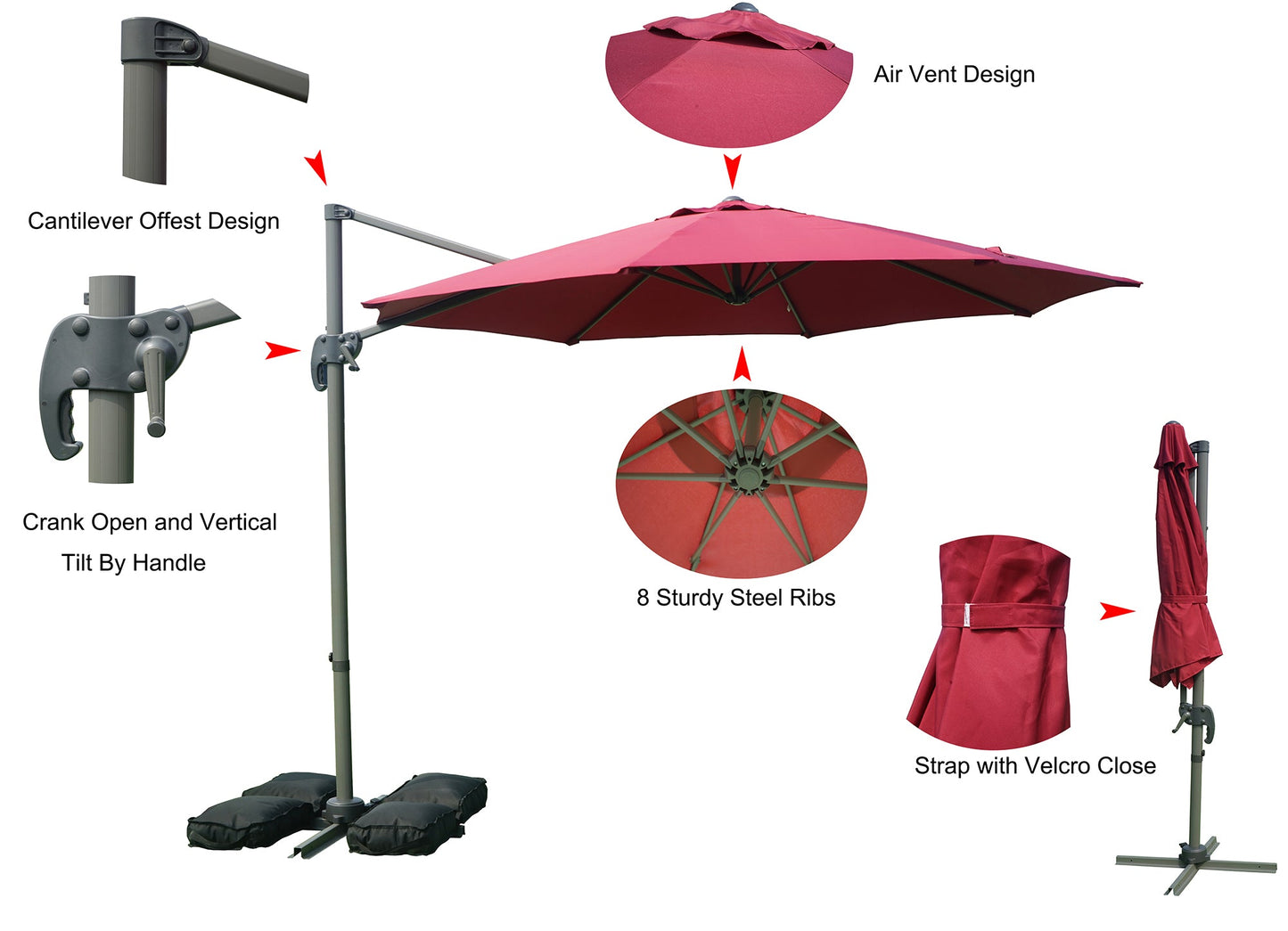 Kozyard 10' Offset Cantilever Hanging Patio Umbrella Large Market Style for Outdoor Balcony (3 Color Options)